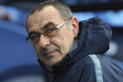 Chelsea manager Maurizio Sarri during the English Premier League soccer match between Manchester City and Chelsea at Etihad stadium in Manchester, England, Sunday, Feb. 10, 2019. (AP Photo/Rui Vieira)