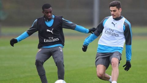 ST ALBANS, ENGLAND - JANUARY 09:  (L-R) Eddie Nketiah and Konstantinos Mavropano of Arsenal during a training session at London Colney on January 9, 2018 in St Albans, England.  (Photo by Stuart MacFarlane/Arsenal FC via Getty Images) *** Local Caption *** Eddie Nketiah;Konstantinos Mavropano