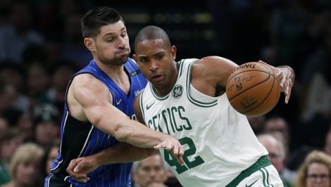 Orlando Magic's Nikola Vucevic, left, defends against Boston Celtics' Al Horford (42) during the second half of an NBA basketball game in Boston, Monday, Oct. 22, 2018. (AP Photo/Michael Dwyer)