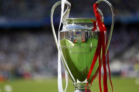A view of the Champions League trophy ahead of the Champions League Final soccer match between Real Madrid and Liverpool at the Olimpiyskiy Stadium in Kiev, Ukraine, Saturday, May 26, 2018. (AP Photo/Matthias Schrader)