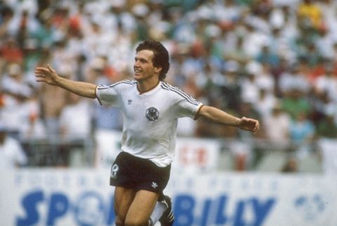 21 Jun 1986:  Lothar Matthaus of West Germany celebrates a goal during the World Cup quarter-final against Mexico at the Universitario Stadium in Monterrey, Mexico. West Germany won the match 4-1 on penalties. \ Mandatory Credit: Allsport UK /Allsport