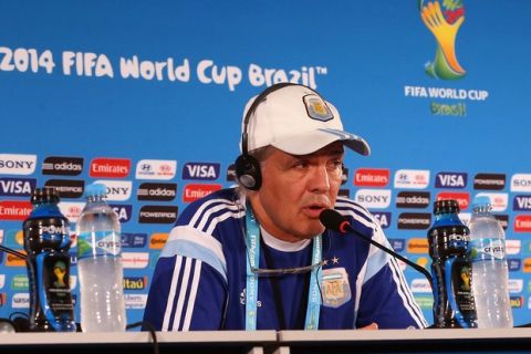 BRASILIA, BRAZIL - JULY 04:  Coach Alejandro Sabella of Argentina speaks with the media during a press conference at Estadio Nacional on July 4, 2014 in Brasilia, Brazil.  (Photo by Ronald Martinez/Getty Images)