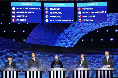 A scoreboard shows the final draw, except the play-off winners, of the groups D, E and F during the draw for the UEFA Euro 2024 soccer tournament finals in Hamburg, Germany, Saturday, Dec. 2, 2023. (AP Photo/Martin Meissner)