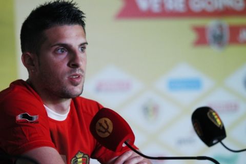 Belgium midfielder Kevin Mirallas listens to journalists' questions during a press conference at the team's training facility, in Mogi Das Cruzes, Brazil, Thursday, June 12, 2014. Belgium plays in the group H of the 2014 soccer World Cup. (AP Photo/Andrew Medichini)