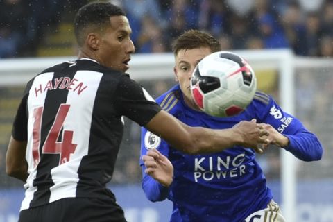 Leicester's Harvey Barnes, right, and Newcastle's Isaac Hayden challenge for the ball during the English Premier League soccer match between Leicester City and Newcastle United at the King Power Stadium in Leicester, England, Sunday, Sept. 29, 2019. (AP Photo/Rui Vieira)
