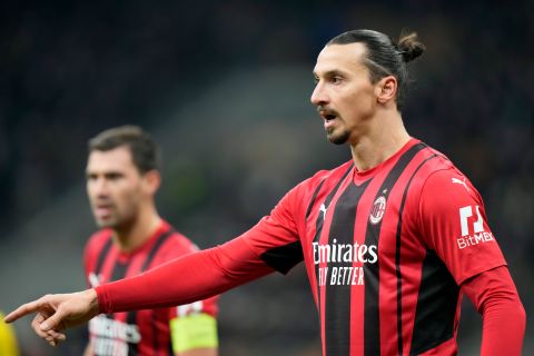 AC Milan's Zlatan Ibrahimovic reacts during the Champions League, Group B soccer match between AC Milan and Liverpool at the San Siro stadium in Milan, Italy, Tuesday, Dec. 7, 2021. (AP Photo/Luca Bruno)
