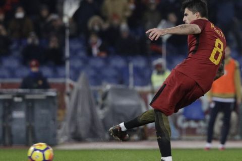 Roma's Diego Perotti kicks a penalty failing to score during an Italian Serie A soccer match between AS Roma and Cagliari, at the Olympic stadium in Rome, Saturday, Dec. 16, 2017. (AP Photo/Gregorio Borgia)