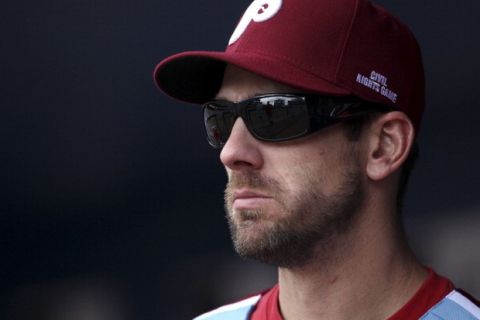 ATLANTA, GA - MAY 15:  Philadelphia Phillies pitcher Cliff Lee #33 watches the action on the field during the MLB Civil Rights Game between the Philadelphia Phillies and the Atlanta Braves on Sunday, May 15, 2011 at Turner Field in Atlanta, Georgia.  (Photo by Mike Zarrilli/MLB Photos via Getty Images)