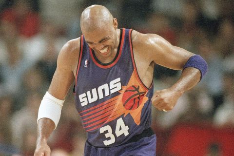 Phoenix Suns' Charles Barkley reacts during the third quarter against the Chicago Bulls in Game 4 of the NBA Finals at Chicago, June 16, 1993. Barkley led the Suns with 32 points, 12 rebounds and 10 assists but the Suns still lost to the Bulls 111-105. The Bulls a 3-1 lead in the best-of-seven series. (AP Photo/John Swart)