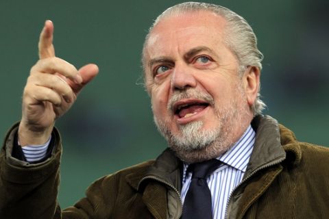 Napoli President Aurelio De Laurentis gestures prior to the start of a Serie A soccer match between Udinese and Napoli, in Udine, Italy, Sunday, March 18, 2012. (AP Photo/Paolo Giovannini)