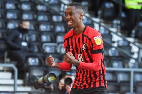Jaidon Anthony of AFC Bournemouth celebrates after scoring a goal to make it 1-1 during the Sky Bet Championship match between Derby County and Bournemouth at the Pride Park, Derby on Sunday 21st November 2021.  (Photo by Jon Hobley/MI News/NurPhoto) (Photo by MI News / NurPhoto / NurPhoto via AFP)