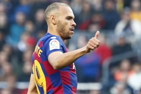 Barcelona's new signing Martin Braithwaite gives the thumbs-up during a Spanish La Liga soccer match between Barcelona and Eibar at the Camp Nou stadium in Barcelona, Spain, Saturday Feb. 22, 2020. (AP Photo/Joan Monfort)