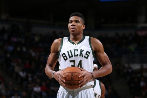 Milwaukee, WI - NOVEMBER 29: Giannis Antetokounmpo #34 of the Milwaukee Bucks shoots a free throw during the game against the Cleveland Cavaliers on November 29, 2016 at the BMO Harris Bradley Center in Milwaukee, Wisconsin. NOTE TO USER: User expressly acknowledges and agrees that, by downloading and or using this Photograph, user is consenting to the terms and conditions of the Getty Images License Agreement. Mandatory Copyright Notice: Copyright 2016 NBAE (Photo by Gary Dineen/NBAE via Getty Images)