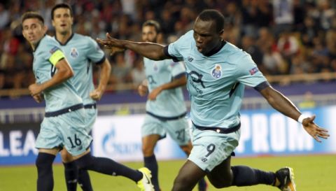 Porto's Vincent Aboubakar reacts after scoring the opening goal during the Champions League Group G first leg soccer match between Monaco and FC Porto at Louis II stadium in Monaco, Tuesday, Sept. 26, 2017. (AP Photo/Claude Paris)