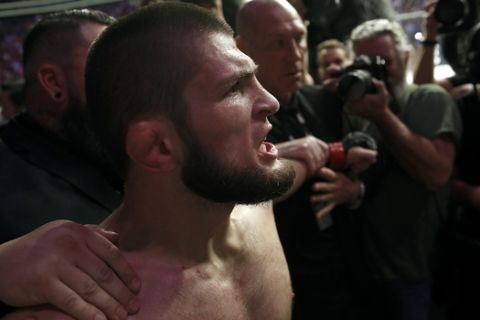 Khabib Nurmagomedov is held back outside of the cage after beating Conor McGregor in a lightweight title mixed martial arts bout at UFC 229 in Las Vegas, Saturday, Oct. 6, 2018. Nurmagomedov won the fight by submission during the fourth round to retain the title. (AP Photo/John Locher)