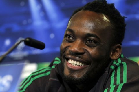FILE-In this Monday, March. 10, 2014, file photo, AC Milan's Michael Essien laughs during a press conference ahead of Tuesday's Champions League, soccer match against Atletico Madrid at the Vicente Calderon stadium, in Madrid.Ghana midfielder Michael Essien says the 2010 World Cup quarterfinalists are realistic enough to know that they have a much tougher challenge this time. Ghana made the quarterfinals and barely missed out on the semifinals in South Africa after a penalty shootout loss to Uruguay.  (AP Photo/Andres Kudacki,File)