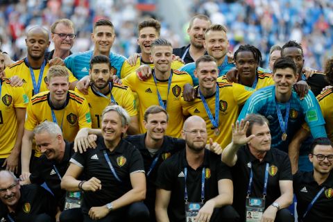 Team Belgium pose after the third place match between England and Belgium at the 2018 soccer World Cup in the St. Petersburg Stadium in St. Petersburg, Russia, Saturday, July 14, 2018. (AP Photo/Natacha Pisarenko)