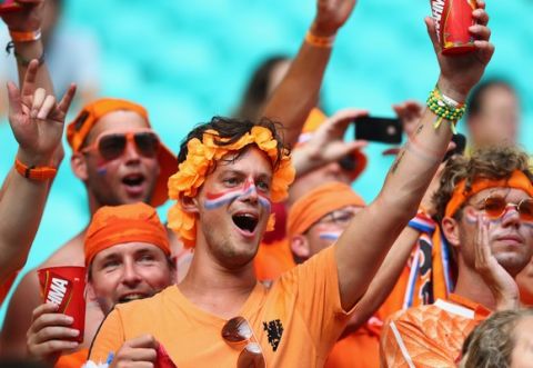 SALVADOR, BRAZIL - JUNE 13:  Netherlands fans look on before the 2014 FIFA World Cup Brazil Group B match between Spain and Netherlands at Arena Fonte Nova on June 13, 2014 in Salvador, Brazil.  (Photo by Quinn Rooney/Getty Images)