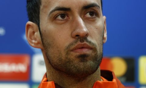 FC Barcelona's Sergio Busquets attends a press conference at the Sports Center FC Barcelona Joan Gamper in Sant Joan Despi, Tuesday, March 13, 2018. FC Barcelona will play against Chelsea in a Champions League round of sixteen second next Wednesday. (AP Photo/Manu Fernandez)