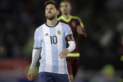 Argentina's Lionel Messi reacts during a 2018 World Cup qualifying soccer match against Venezuela in Buenos Aires, Argentina, Tuesday, Sept. 5, 2017. (AP Photo/Victor R. Caivano)