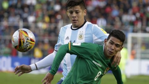 Argentina's Marcos Rojo, left, and Bolivia's Diego Bejarano battle for the ball during a 2018 World Cup qualifying soccer match in La Paz, Bolivia, on Tuesday, March 28, 2017. (AP Photo/Victor R. Caivano)
