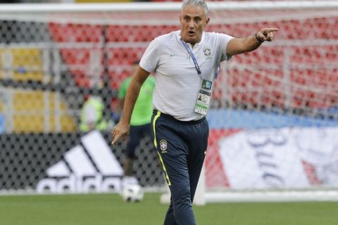 Brazil head coach Tite attends the official training on the eve of the group E match between Brazil and Serbia at the 2018 soccer World Cup in Spartak Stadium, in Moscow, Russia, Tuesday, June 26, 2018. (AP Photo/Andre Penner)