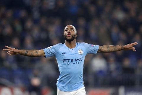 Manchester City forward Raheem Sterling celebrates scoring his side's third goal putting the final score at a 3-2 win for his team during the first leg, round of sixteen, Champions League soccer match between Schalke 04 and Manchester City at Veltins Arena in Gelsenkirchen, Germany, Wednesday Feb. 20, 2019. (AP Photo/Michael Probst)
