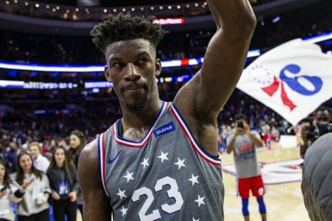 Philadelphia 76ers' Jimmy Butler reacts to the win following the second half of an NBA basketball game against the Utah Jazz, Friday, Nov. 16, 2018, in Philadelphia. The 76ers won 113-107. (AP Photo/Chris Szagola)