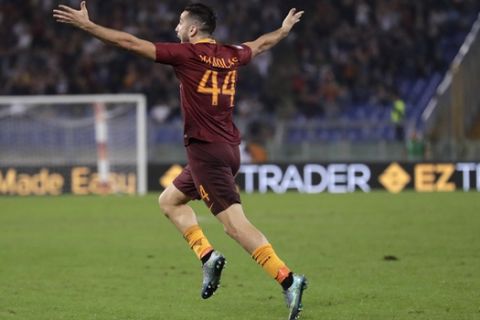Romas Kostas Manolas celebrates after scoring during a Serie A soccer match between Roma and Inter Milan, at Rome's Olympic Stadium, Sunday, Oct. 2, 2016. (AP Photo/Andrew Medichini)