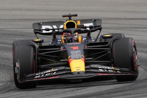 Red Bull driver Max Verstappen of the Netherlands steers his car during the qualifying session at the Interlagos racetrack in Sao Paulo, Brazil, Friday, Nov. 3, 2023. The Brazilian Formula One Grand Prix will take place on Sunday. (AP Photo/Andre Penner)