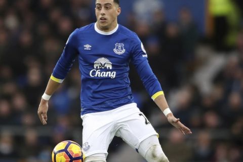 FILE- In this Jan. 15, 2017 file photo, Everton's Ramiro Funes Mori, in action during a soccer match. Everton defender is set to miss the rest of the season because of a knee injury in the latest blow to the Premier League teams defense.  (Nick Potts/ PA via AP)
