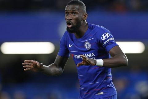 Chelsea's Antonio Rudiger reacts during a League Cup, quarterfinal soccer match between Chelsea and Bournemouth at the Stamford Bridge stadium in London, Wednesday Dec. 19, 2018. (AP Photo/Alastair Grant)