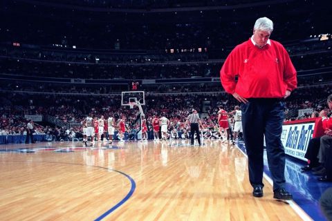Indiana coach coach Bobby Knight paces the sideline as play continues down court in the closing moments of Indiana's 76-71 loss to Purdue in the Big Ten Tournament Friday, March 6, 1998 in Chicago. (AP Photo/Beth A. Keiser)