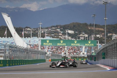 FILE - Drivers compete during the Russian Formula One Grand Prix, at the Sochi Autodrom circuit, in Sochi, Russia, Sunday, Sept. 27, 2020. A number of federations, including skiing, curling and Formula 1, pulled premier events out of Russia following the invasion. (Yuri Kochetkov/Pool Photo via AP, File)