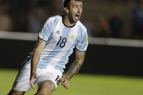 Argentina's Lucas Pratto celebrates after scoring against Colombia during a 2018 World Cup qualifying soccer match in San Juan, Argentina, Tuesday, Nov. 15, 2016. Argentina won the match 3-0. (AP Photo/Natacha Pisarenko)