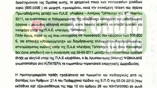 Το κατηγορητήριο του Αστέρας Τρίπολης – Καβάλα