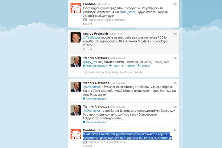 Καζούρα Αλαφούζου στον Μαρινάκη μέσω twitter