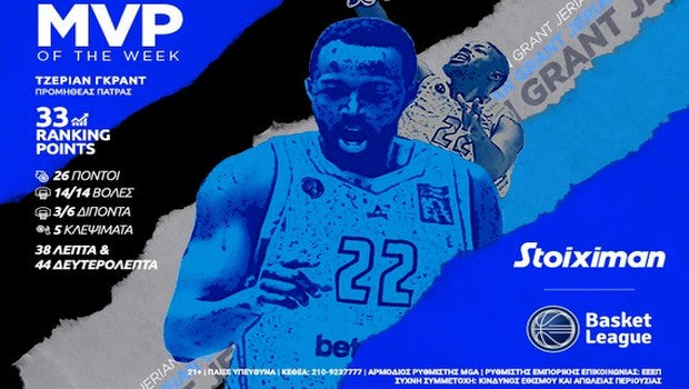 Ο Τζέριαν Γκραντ αναδείχθηκε Stoiximan MVP of the Week