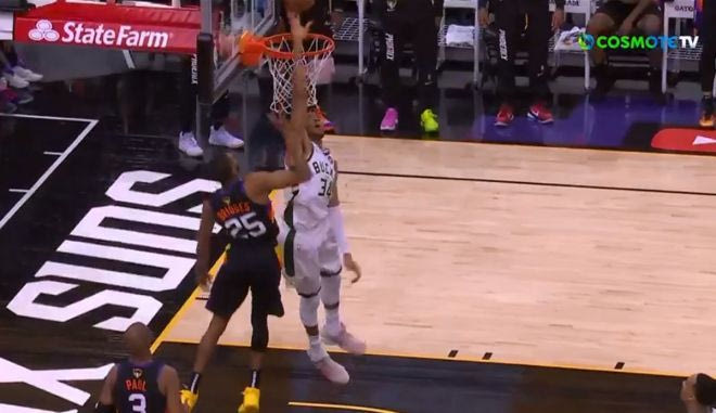 NBA Finals: Τρομερή τάπα του Γιάννη στον Μπρίτζες, alley oop του Χόλιντεϊ στον Λόπεζ