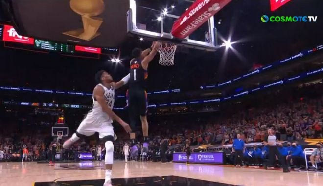 NBA Finals: Τρομερό  κάρφωμα του Μπούκερ μπροστά στον Γιάννη, το οποίο δεν μέτρησε
