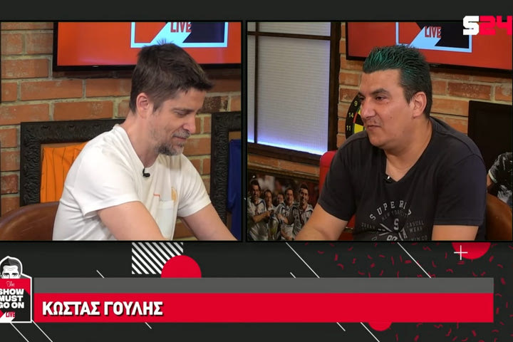 Ο Κώστας Γουλής στο στούντιο του Show Must Go On με πράσινο μαλλί μετά την κατάκτηση του Κυπέλλου