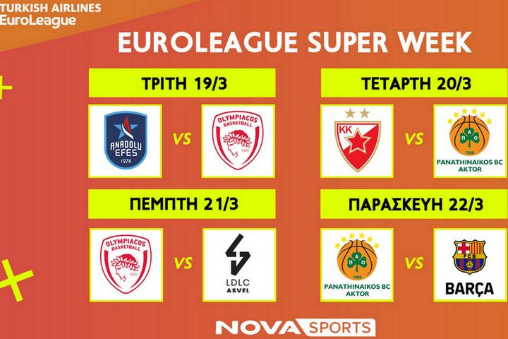 Η τελευταία “διαβολοβδομάδα” στη EuroLeague με τις “μάχες”
Ολυμπιακού και Παναθηναϊκού AKTOR και το περίφημο March
Madness του NCAA στο παρκέ του Novasports