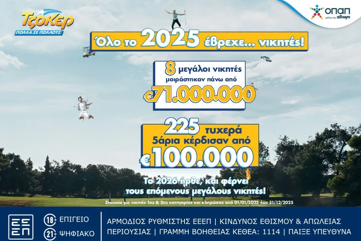 Ιστορική χρονιά το 2025 για το ΤΖΟΚΕΡ: 8 μεγάλοι νικητές μοιράστηκαν πάνω από 71 εκατ. ευρώ στην πρώτη κατηγορία