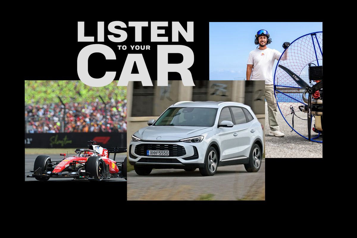 Φωτογραφία άρθρου του podcast Listen to Your Car, με φωτογραφία Ferrari F1 του Leclerc, MG, Δημήτρη Κολλιάκο
