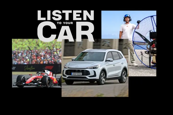 Φωτογραφία άρθρου του podcast Listen to Your Car, με φωτογραφία Ferrari F1 του Leclerc, MG, Δημήτρη Κολλιάκο